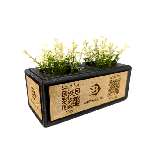 Ορθογώνια Βάση QR Code με Γλαστράκια Λευκά και Ξύλινες Επιγραφές