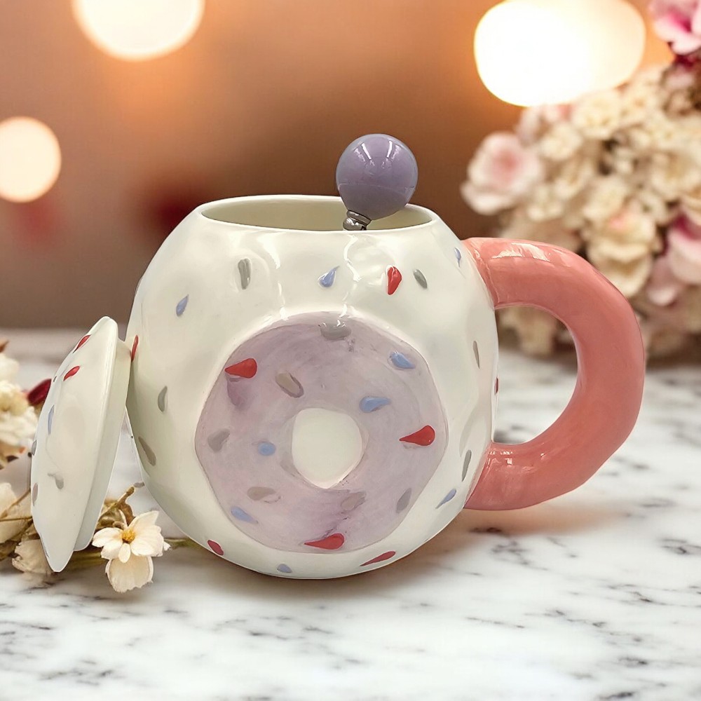 Κούπα Μωβ Donut Με Καπάκι Και Κουταλάκι 2 Κούπα Μωβ Donut Με Καπάκι Και Κουταλάκι - Image 2