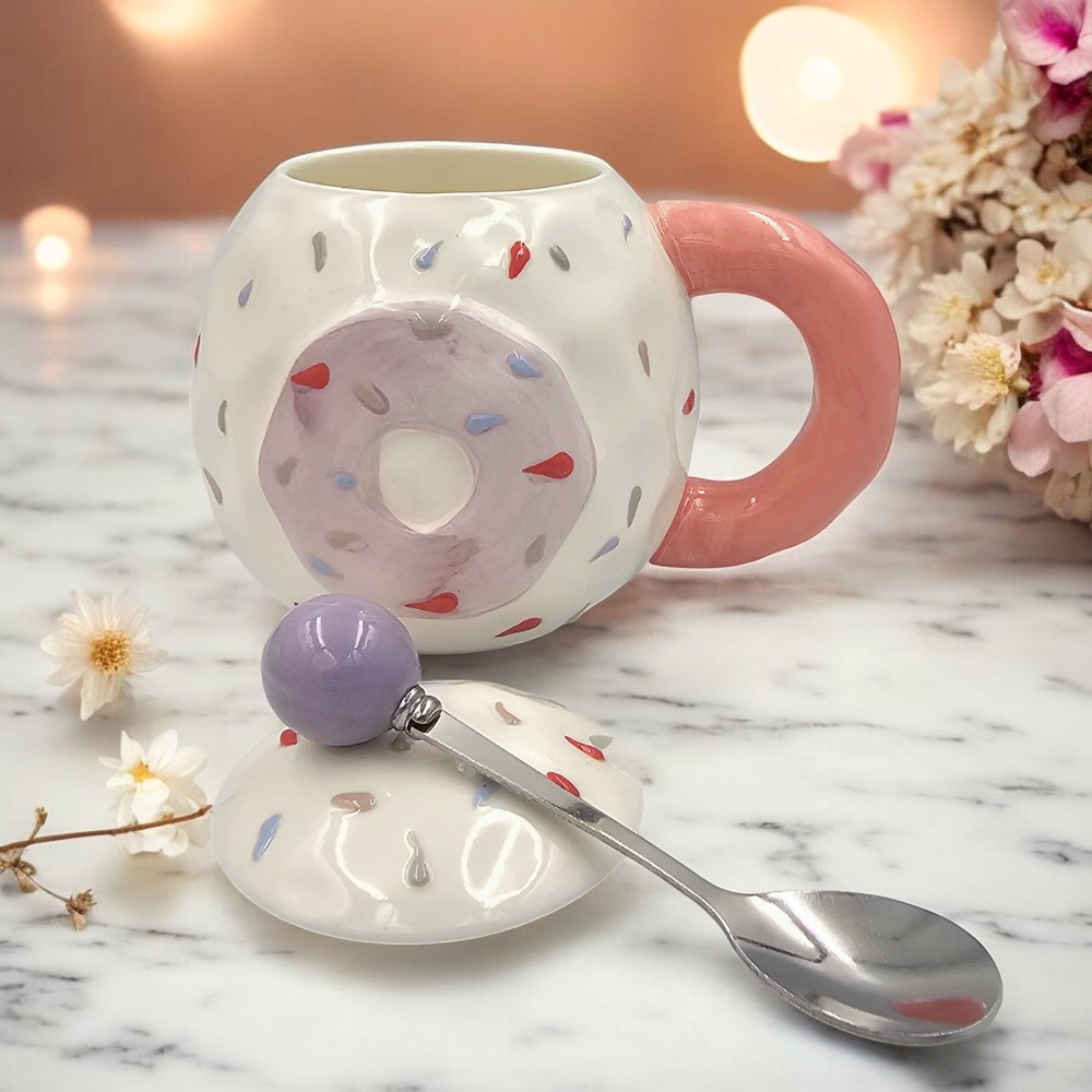 Κούπα Μωβ Donut Με Καπάκι Και Κουταλάκι 3 Κούπα Μωβ Donut Με Καπάκι Και Κουταλάκι - Image 3